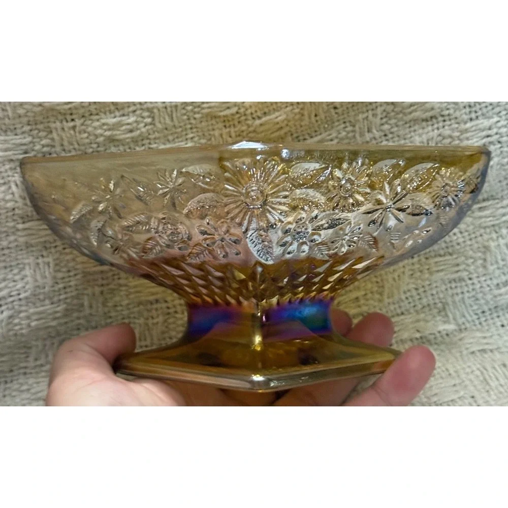 Vintage amber Marigold Carnival Glass  Footed Candy Dish 3x6.5in